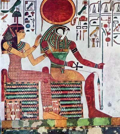 ДРЕВНЕЕГИПЕТСКАЯ КУЛЬТУРА. Гробница Нефертари, супруги Рамсеса II. Бог Ра-Хорахти и Аментит, богиня Запада